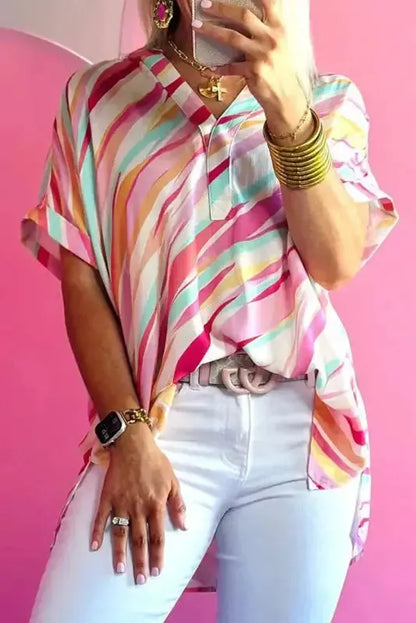 Abstract High Low Short Sleeve Blouse