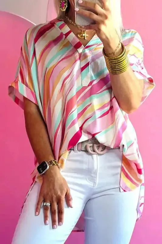 Abstract High Low Short Sleeve Blouse