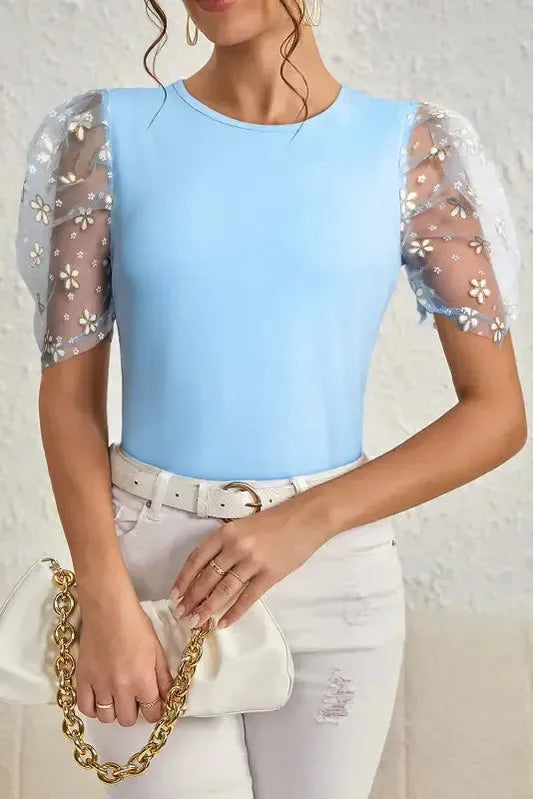 Azure Bloom Mesh Sleeve Top