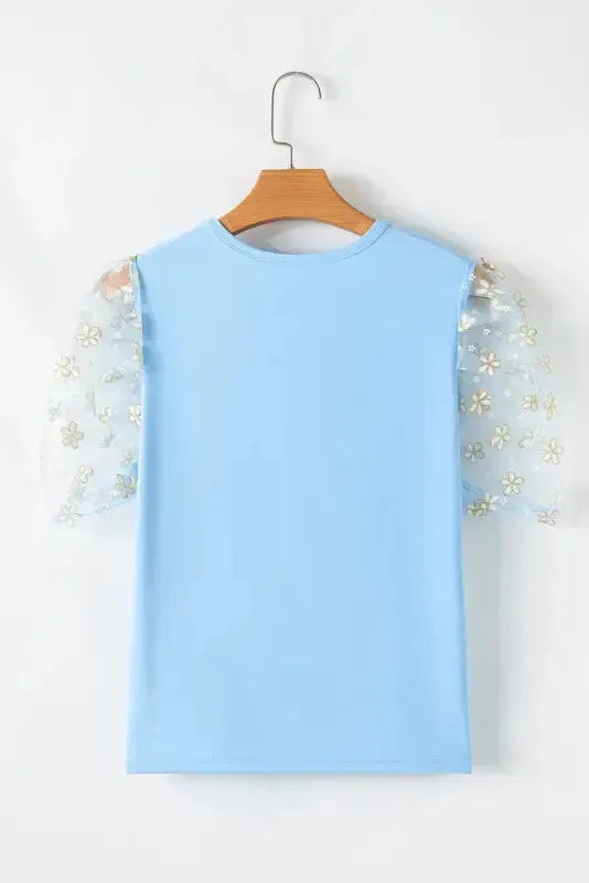 Azure Bloom Mesh Sleeve Top