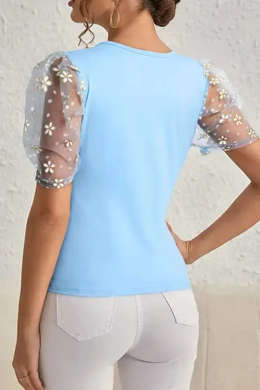 Azure Bloom Mesh Sleeve Top