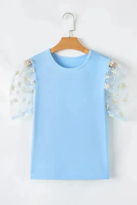 Azure Bloom Mesh Sleeve Top
