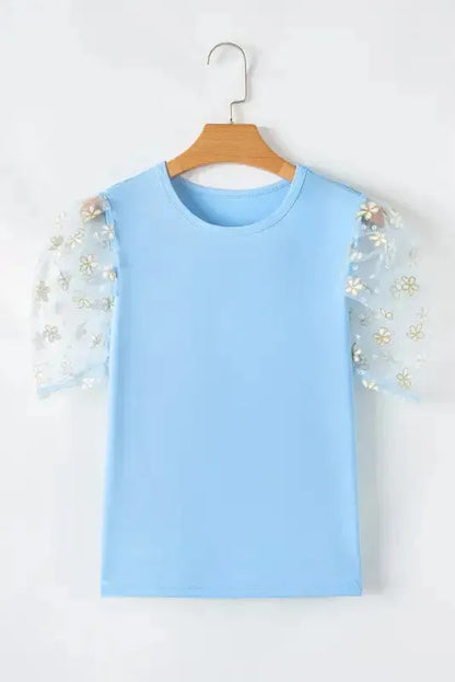 Azure Bloom Mesh Sleeve Top