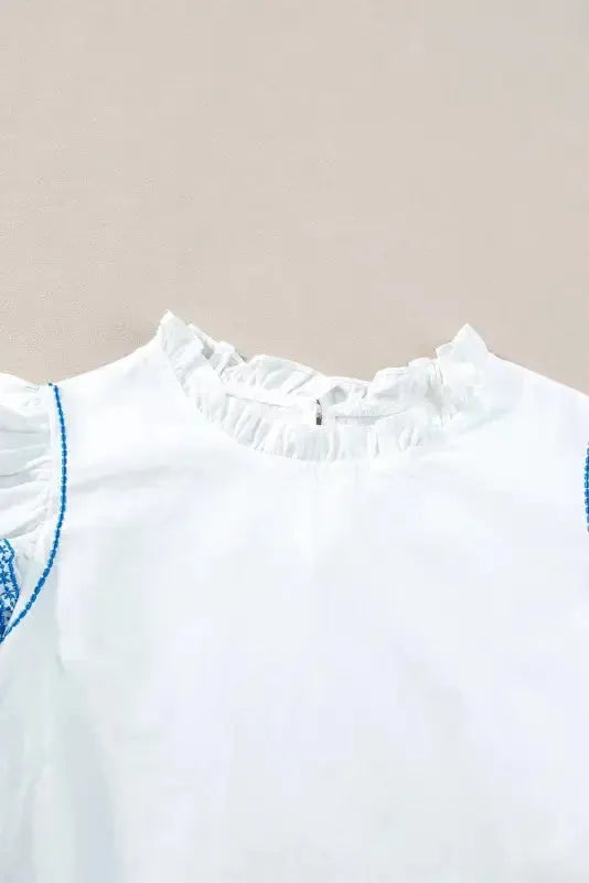 Belle Blouse - White Embroidered Ruffled Sleeve Frilled Collar