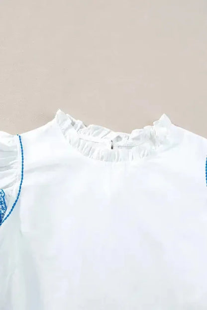 Belle Blouse - White Embroidered Ruffled Sleeve Frilled Collar