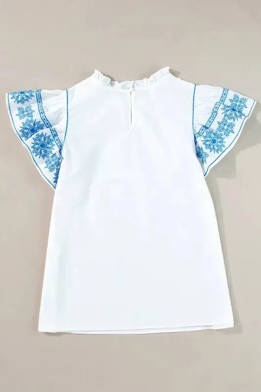 Belle Blouse - White Embroidered Ruffled Sleeve Frilled Collar