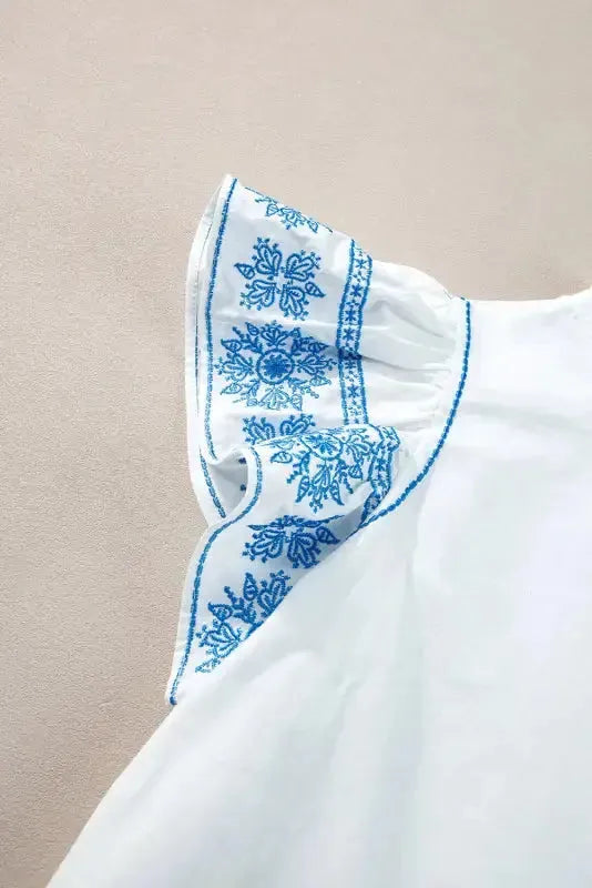 Belle Blouse - White Embroidered Ruffled Sleeve Frilled Collar