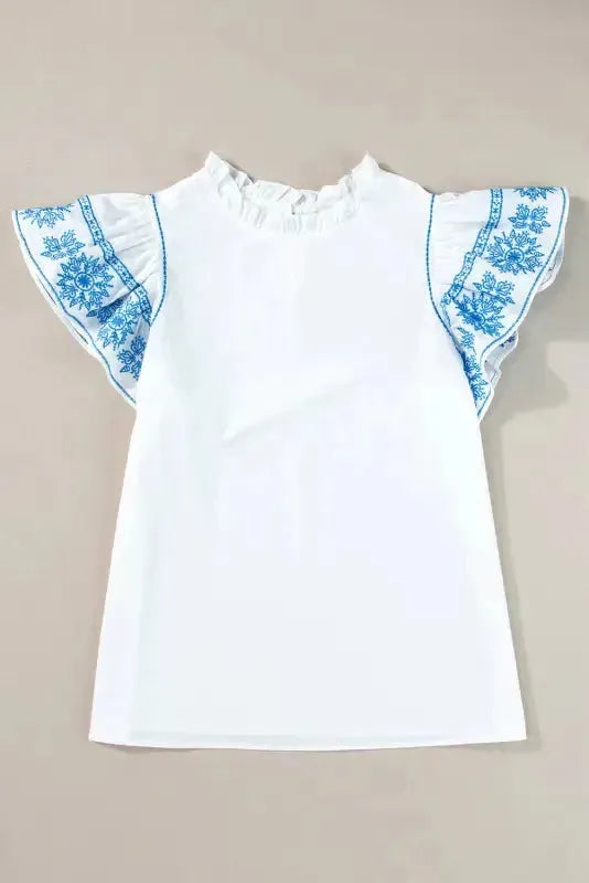 Belle Blouse - White Embroidered Ruffled Sleeve Frilled Collar