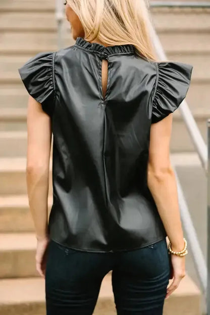 Black PU Leather Frilly Ruffle Trim Blouse | FashionFitz
