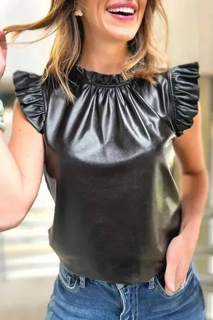 Black PU Leather Frilly Ruffle Trim Blouse | FashionFitz