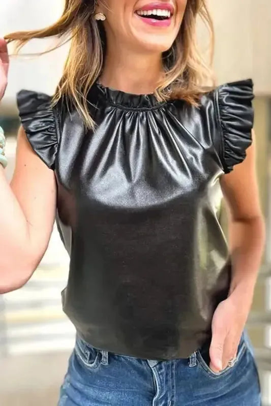 Black PU Leather Frilly Ruffle Trim Blouse | FashionFitz
