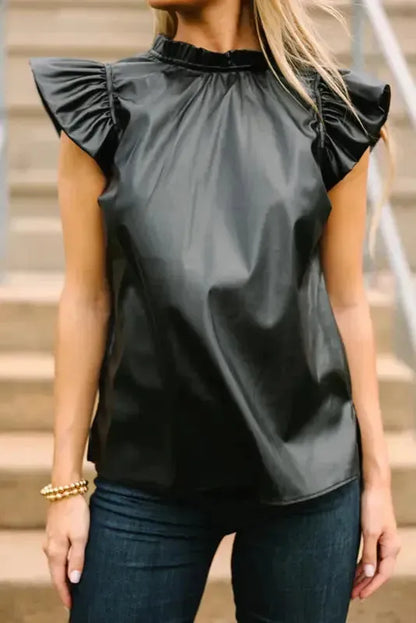 Black PU Leather Frilly Ruffle Trim Blouse | FashionFitz