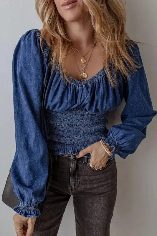 Blue Belle Smocked Denim Blouse