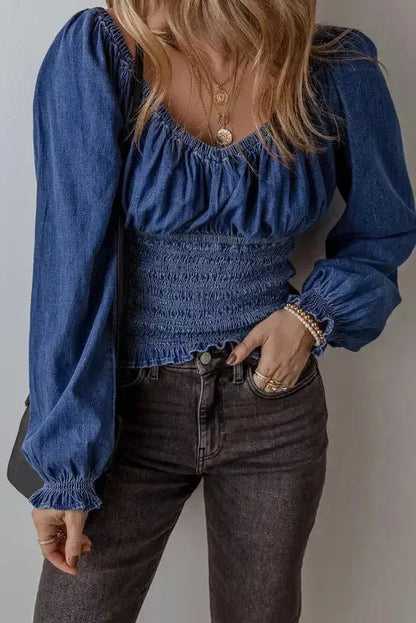 Blue Belle Smocked Denim Blouse