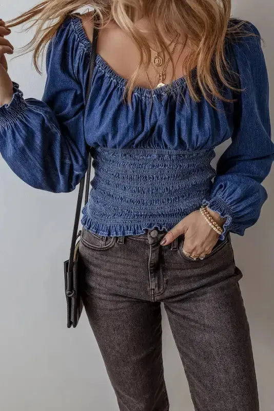 Blue Belle Smocked Denim Blouse
