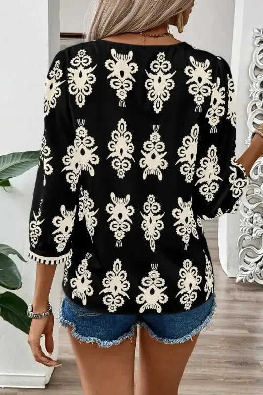 Boho Chic Geometric Blouse - Black