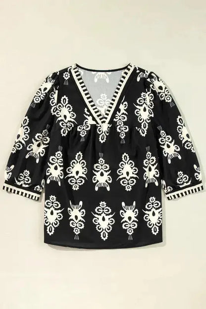 Boho Chic Geometric Blouse - Black