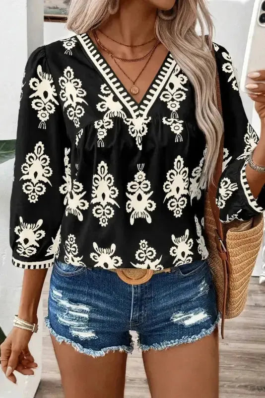 Boho Chic Geometric Blouse - Black
