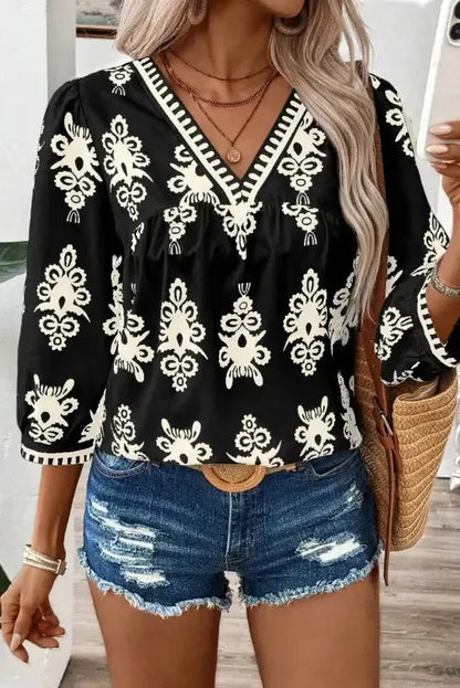 Boho Chic Geometric Blouse - Black