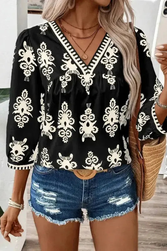 Boho Chic Geometric Blouse - Black