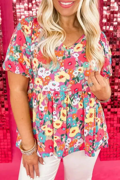 Boho Floral Short Puff Sleeve Blouse