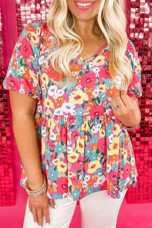Boho Floral Short Puff Sleeve Blouse