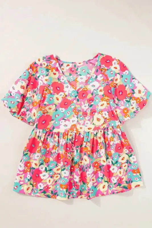 Boho Floral Short Puff Sleeve Blouse