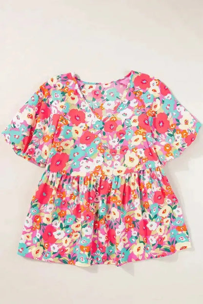 Boho Floral Short Puff Sleeve Blouse
