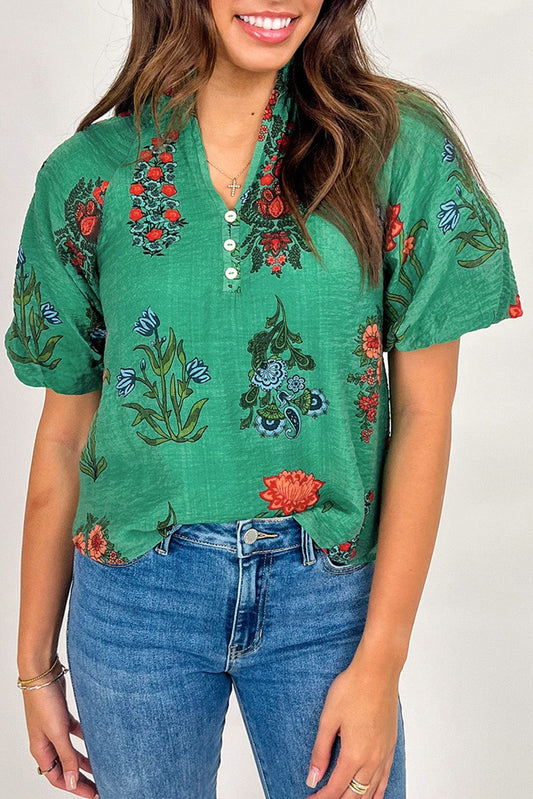 Lush Floral Short Sleeve Blouse – Women’s Boho Summer Top