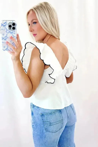 Chic Ivory Blouse – Contrast Bow & Ruffle Trim