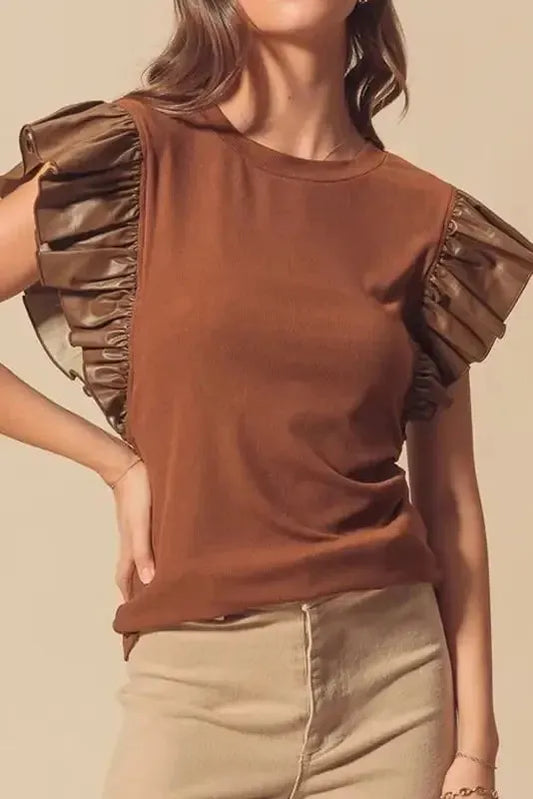 Cinnamon Ruffle Blouse – Chic Leather Sleeve Statement