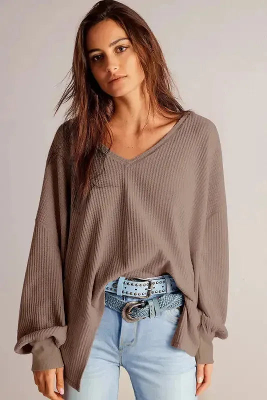 Modern Slouch Waffle Knit Blouse - Coffee