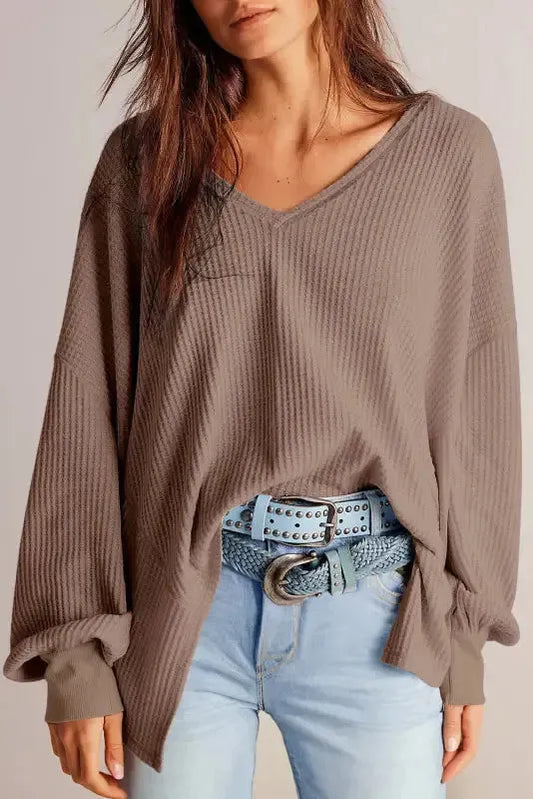 Modern Slouch Waffle Knit Blouse - Coffee