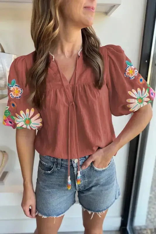 Elegance Blouse - Floral Embroidered Puff Sleeve