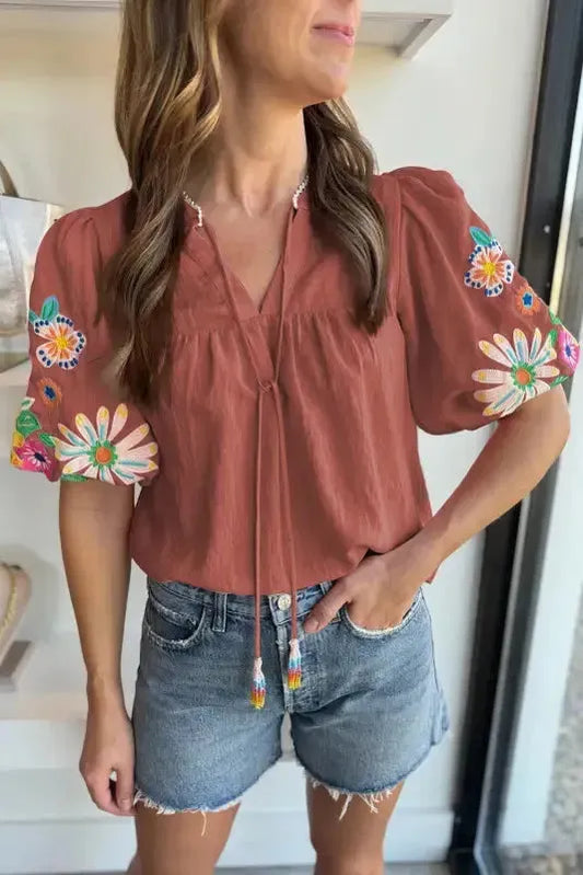 Elegance Blouse - Floral Embroidered Puff Sleeve