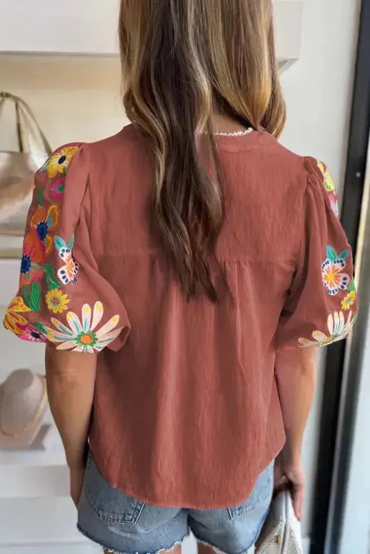 Elegance Blouse - Floral Embroidered Puff Sleeve