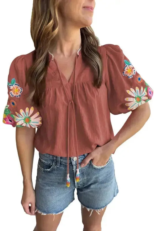 Elegance Blouse - Floral Embroidered Puff Sleeve