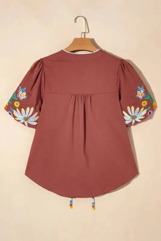 Μπλούζα Elegance - Φλοράλ Κεντημένο Φουσκωτό Μανίκι