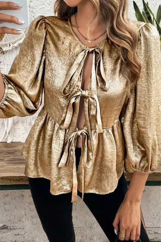 Elegant Gold Bow Tie Puff Sleeve Ruffle Blouse