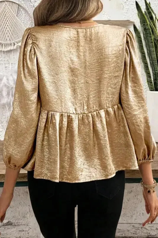 Elegant Gold Bow Tie Puff Sleeve Ruffle Blouse