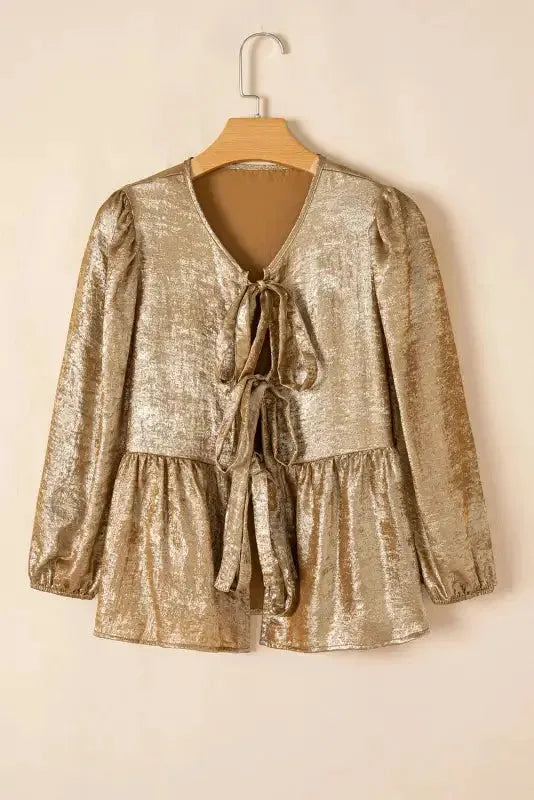 Elegant Gold Bow Tie Puff Sleeve Ruffle Blouse