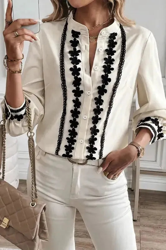 Embroidered Stand Neck Shirt - Off White
