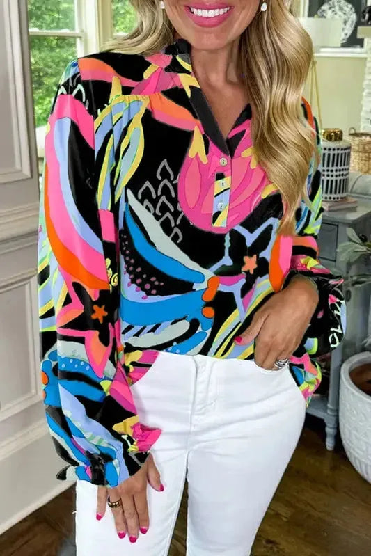 Ethereal Patterns Ruffled V-Neck Blouse