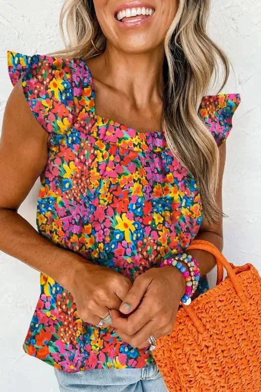 Floral Blouse - Cap Sleeve Square Neck Back Knot