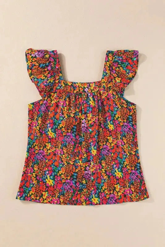 Floral Blouse - Cap Sleeve Square Neck Back Knot