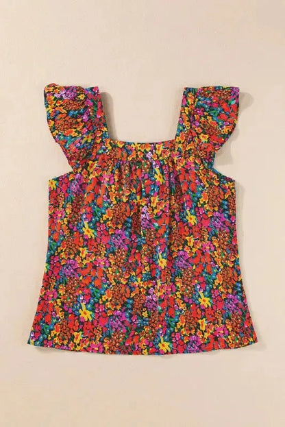 Floral Blouse - Cap Sleeve Square Neck Back Knot