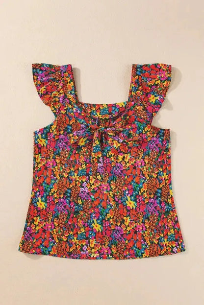 Floral Blouse - Cap Sleeve Square Neck Back Knot