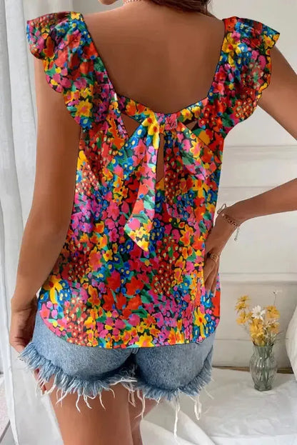 Floral Blouse - Cap Sleeve Square Neck Back Knot