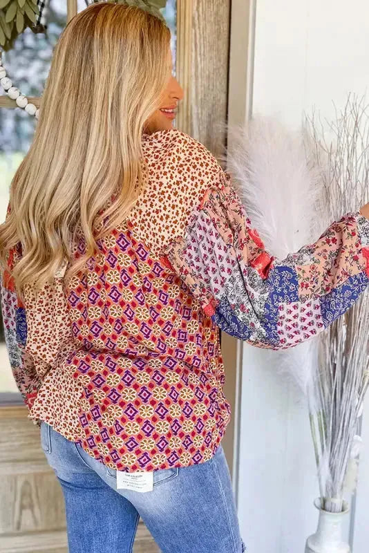 Floral Fusion Tied V-Neck Blouse