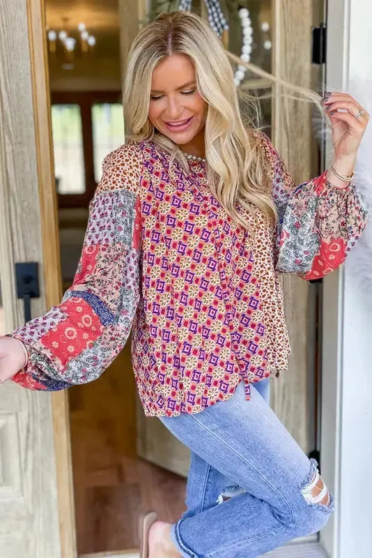 Floral Fusion Tied V-Neck Blouse